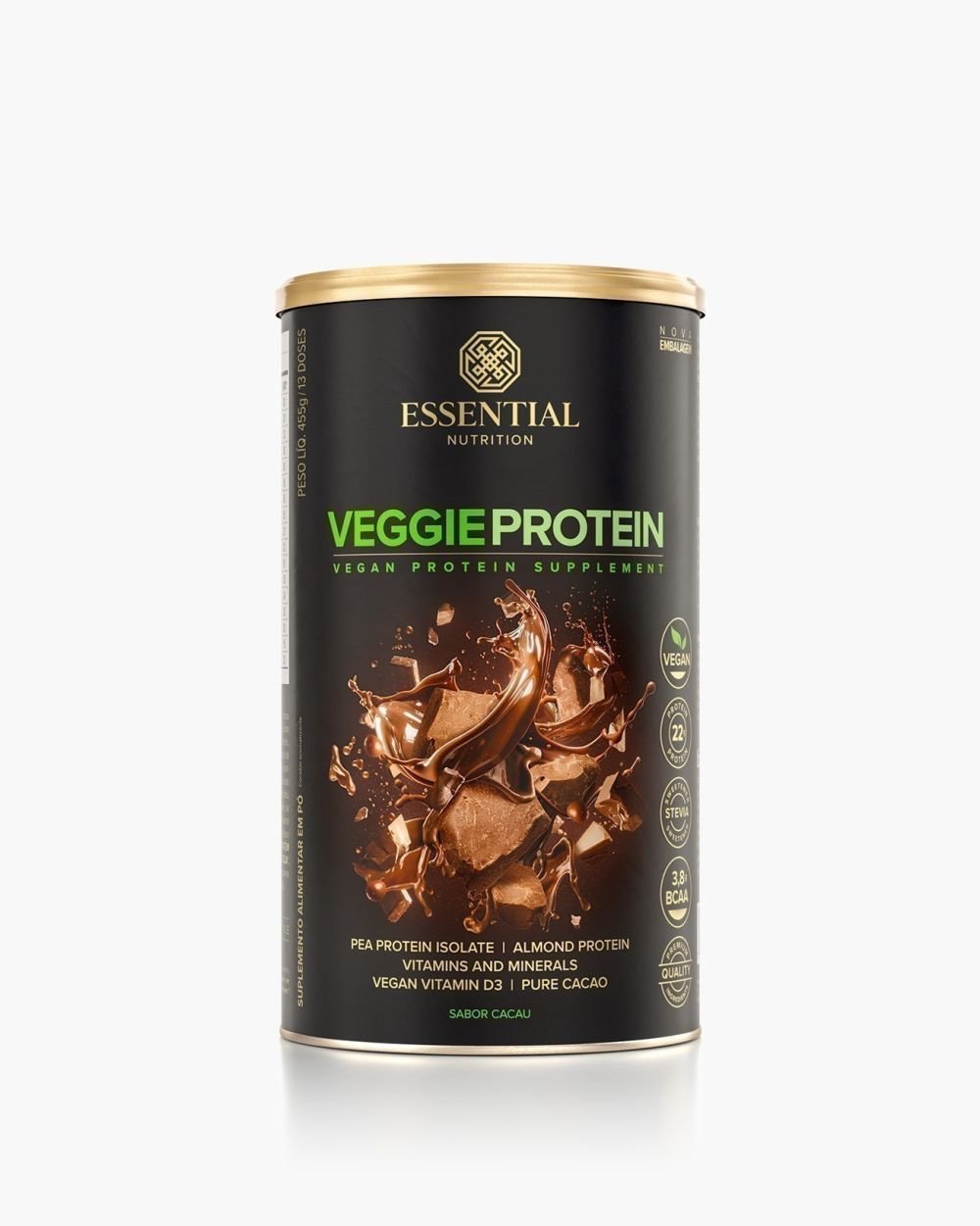 Veggie Protein Cacao- 450g Essential Nutrition - Whey Protein Ervilha e Amêndoa